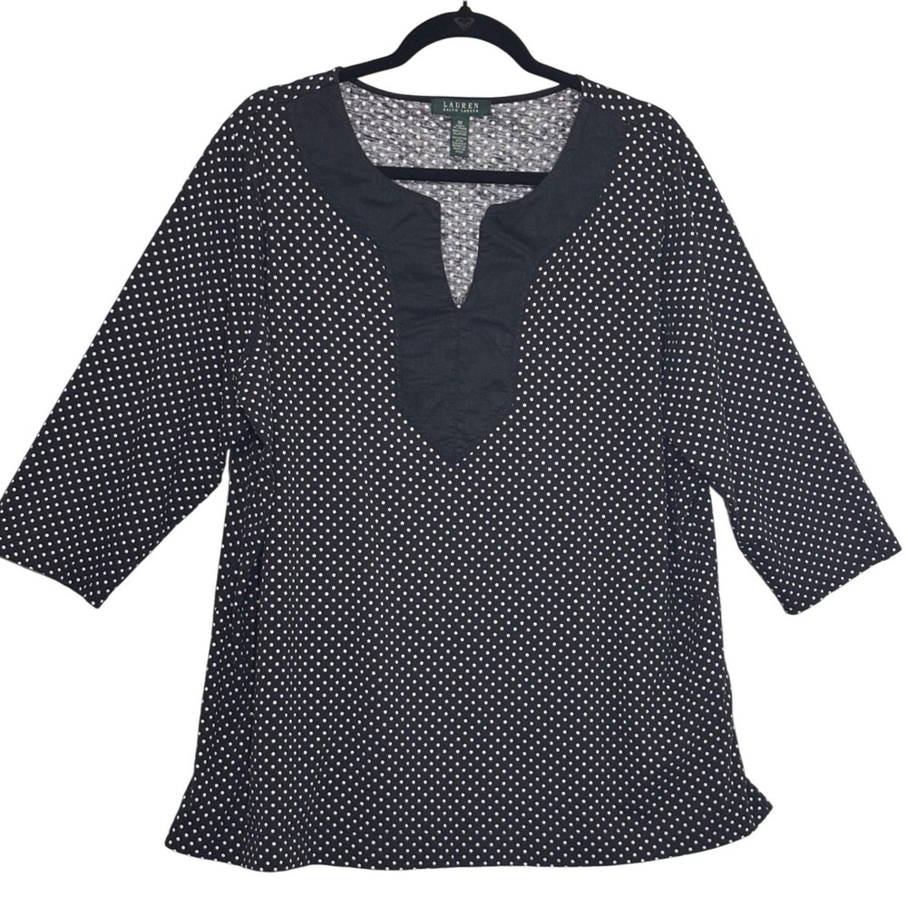 Lauren Ralph Lauren Polka Dot Split Neck Top Navy White 3X Plus Size Cotton Knit